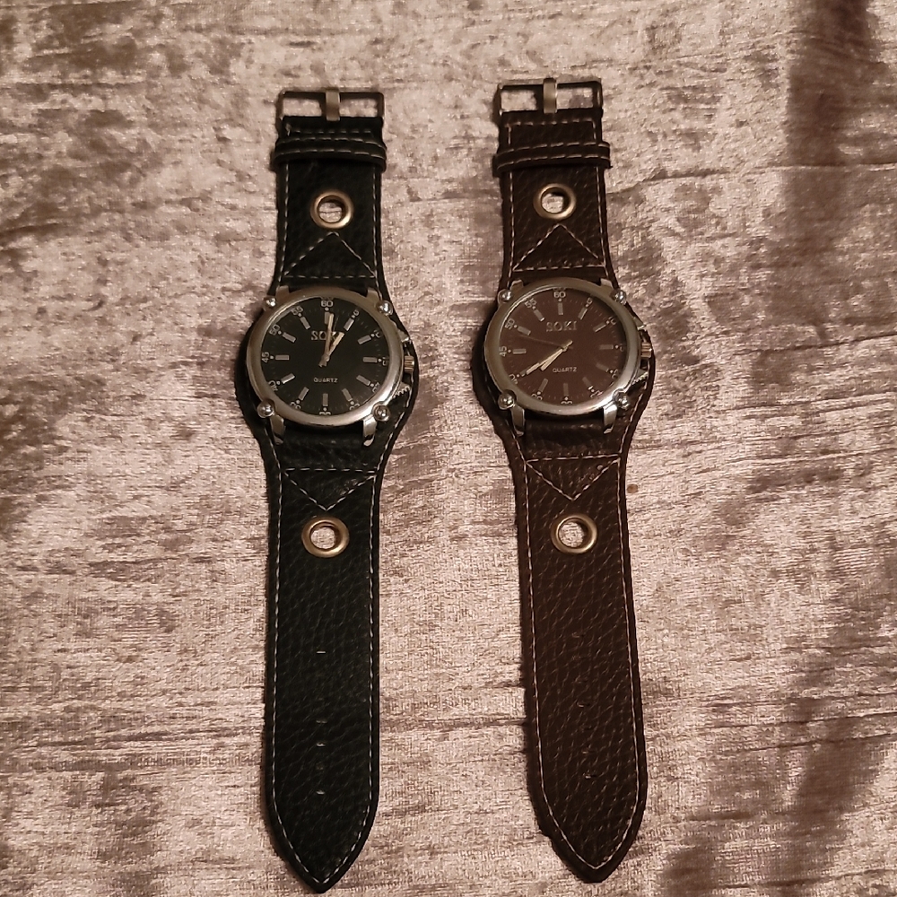 NWOT Bundle of 2 Men's Black and Brown Leather Strap Watches